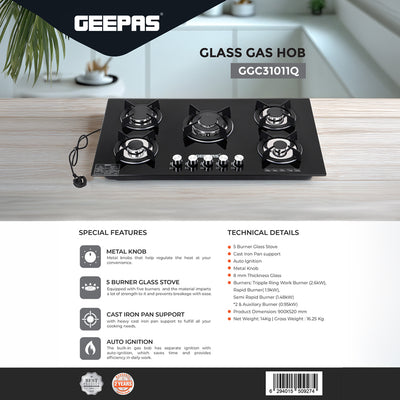 Geepas Glass Gas Hob GGC31011 | 5 Burner Gas Stove with Auto Ignition| Toughened Glass Surface| Cast Iron Pan Support & Powerful Triple Ring Wok Burner| 2 Years Warranty