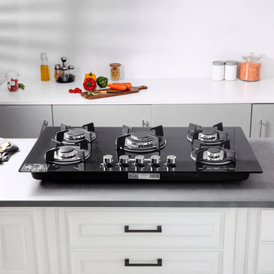 Geepas Glass Gas Hob GGC31011 | 5 Burner Gas Stove with Auto Ignition| Toughened Glass Surface| Cast Iron Pan Support & Powerful Triple Ring Wok Burner| 2 Years Warranty