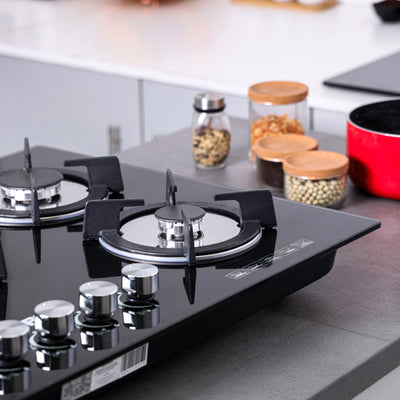 Geepas Glass Gas Hob-GGC31011 / 5 Burner Glass Stove, Cast Iron Pan Support, Auto Ignition, Metal Knob / comes with Stylish Design and High Efficiency