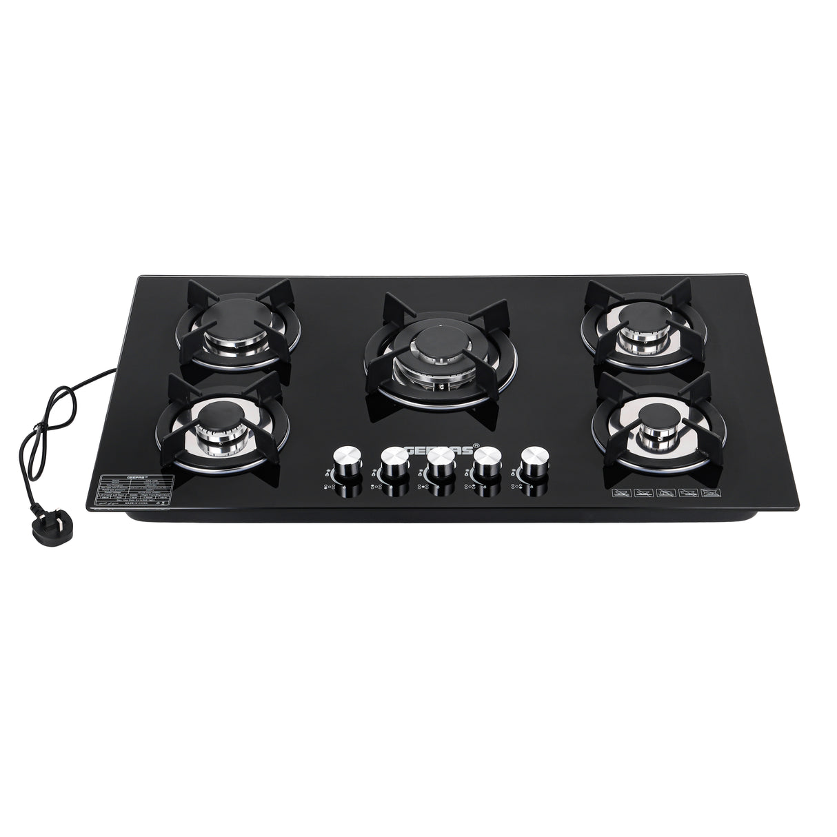 Geepas Glass Gas Hob GGC31011 | 5 Burner Gas Stove with Auto Ignition| Toughened Glass Surface| Cast Iron Pan Support & Powerful Triple Ring Wok Burner| 2 Years Warranty