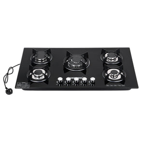 Geepas Glass Gas Hob GGC31011 | 5 Burner Gas Stove with Auto Ignition| Toughened Glass Surface| Cast Iron Pan Support & Powerful Triple Ring Wok Burner| 2 Years Warranty