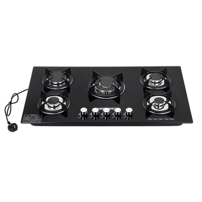 Geepas Glass Gas Hob GGC31011 | 5 Burner Gas Stove with Auto Ignition| Toughened Glass Surface| Cast Iron Pan Support & Powerful Triple Ring Wok Burner| 2 Years Warranty