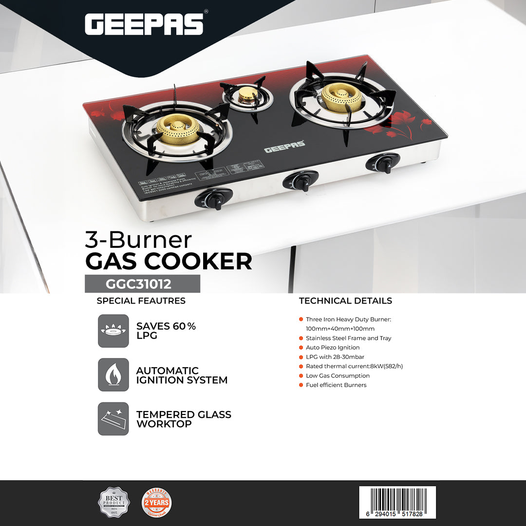 Geepas 3 Burner Gas Cooker GGC31012 |Stainless Steel Frame & Tray, Tempered Glass Top, Iron Burners 100+40+100mm, Auto Piezo Ignition, Low Gas Consumption, 2Year Warranty