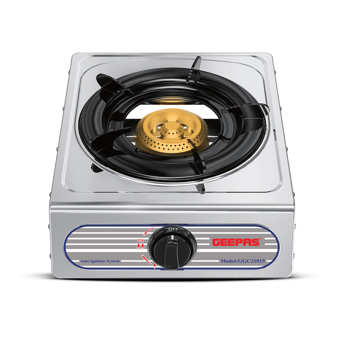 Geepas GGC31015 Stainless Steel Gas Cooker | Cast Iron Burner  | Stainless Steel Panel | Automatic Ignition  | Heat-Resistant ABS Knob | Compact Space-Saving Design