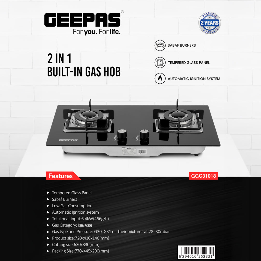 Geepas GGC31018 2-In-1 Built-In Gas Hob |  Premium Tempered Glass Panel |  Sabaf Burners |  Automatic Ignition System & Low Gas Consumption for Modern Kitchens