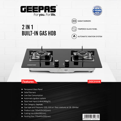 Geepas GGC31018 2-In-1 Built-In Gas Hob |  Premium Tempered Glass Panel |  Sabaf Burners |  Automatic Ignition System & Low Gas Consumption for Modern Kitchens