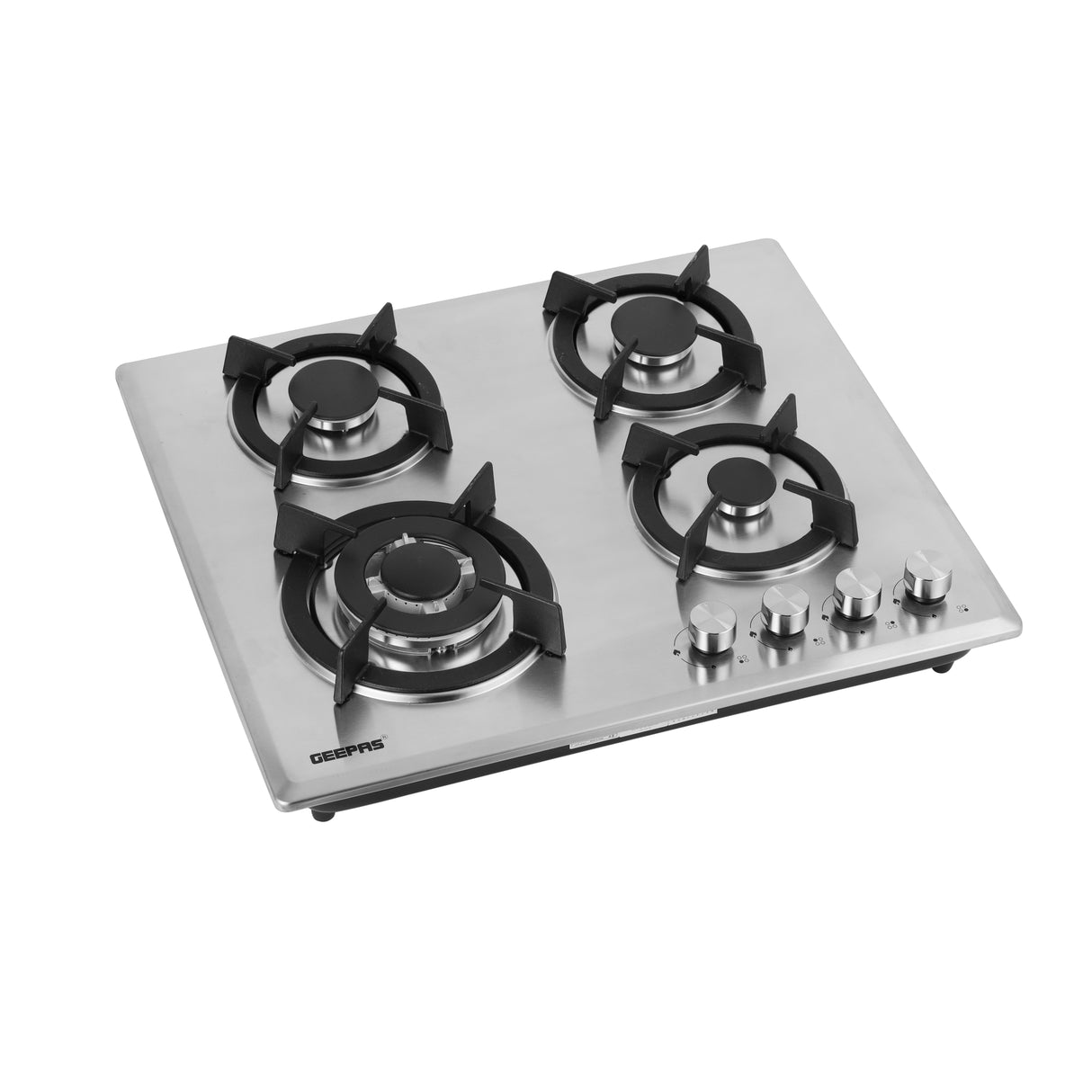 Geepas Built-In Gas Hob -GGC31026/ Stainless Steel Stove, Metal Knob Control, Cast Iron Pan Support, Auto Ignition / 4 Burners, High Durability, Modern Kitchen Appliance