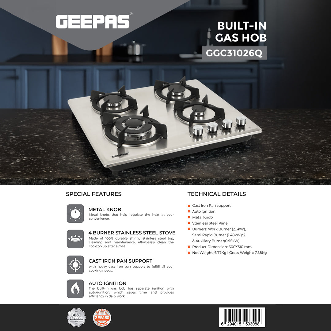 Geepas Built-In Gas Hob GGC31026 | 4 Burner Stainless Steel Gas Stove with Auto Ignition| Durable Cast Iron Pan Support | Easy-to-Clean Design & 2 Years Warranty