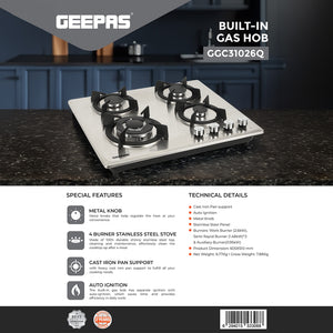 Geepas Built-In Gas Hob GGC31026 | 4 Burner Stainless Steel Gas Stove with Auto Ignition| Durable Cast Iron Pan Support | Easy-to-Clean Design & 2 Years Warranty