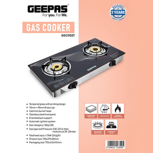 Geepas GGC31027 Gas Cooker | 2 High-Efficiency Brass Burners with Tempered Glass Top| Automatic Ignition| Strong & Durable Design| Easy to Clean| 2 Years Warranty