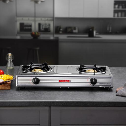 Geepas GGC31031 Stainless Steel Gas Cooker | 2 Powerful Cast Iron Burners with Auto Ignition | Strong & Durable Stainless Steel Body | Easy to Clean |2 Years Warranty