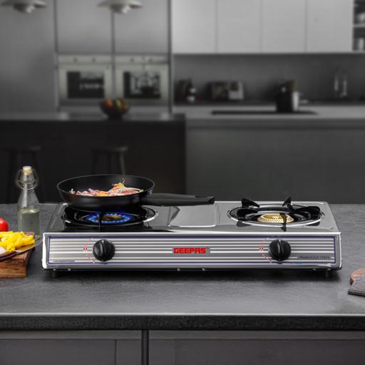 Geepas GGC31031 Stainless Steel Gas Cooker | 2 Powerful Cast Iron Burners with Auto Ignition | Strong & Durable Stainless Steel Body | Easy to Clean |2 Years Warranty