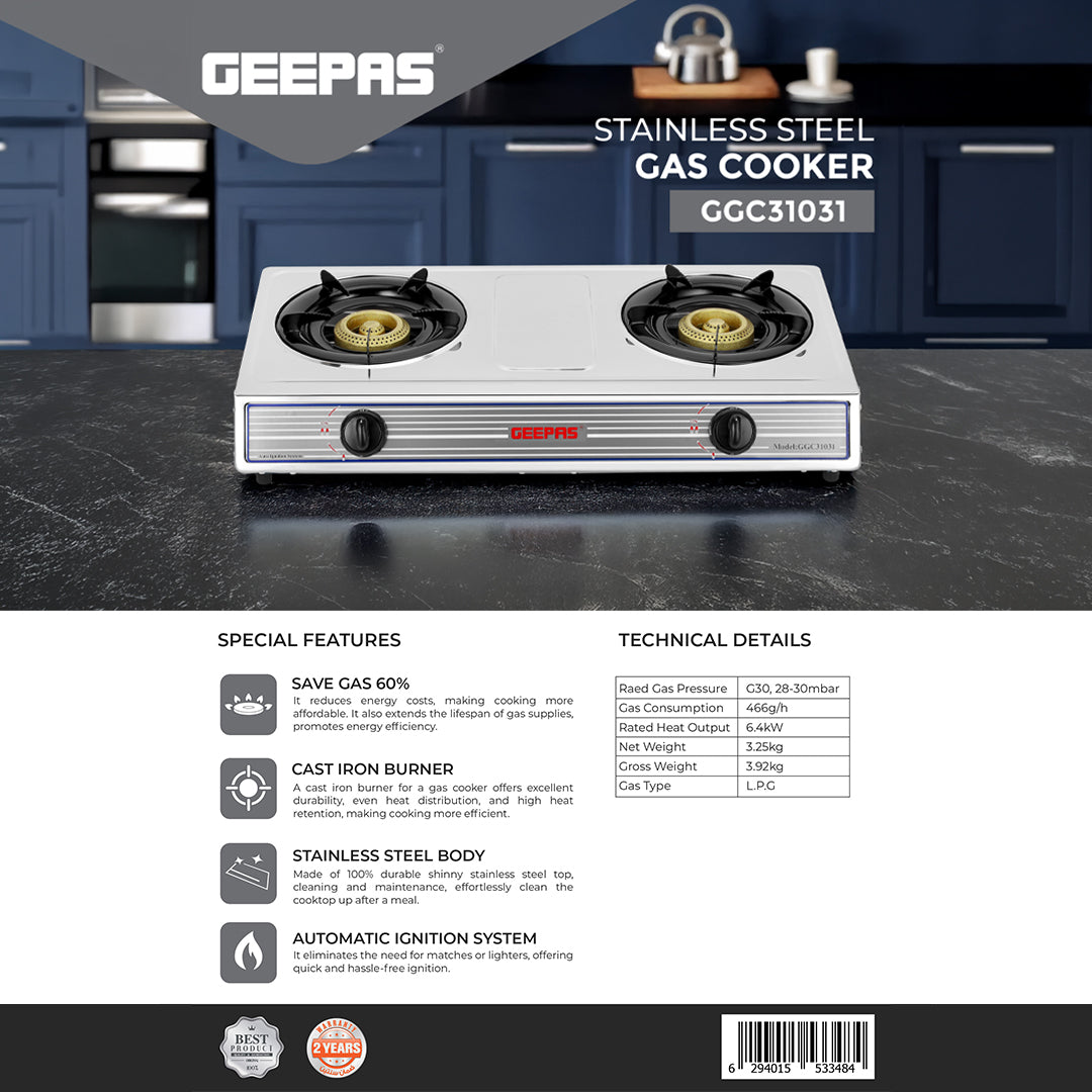 Geepas GGC31031 Stainless Steel Gas Cooker | 2 Powerful Cast Iron Burners with Auto Ignition | Strong & Durable Stainless Steel Body | Easy to Clean |2 Years Warranty