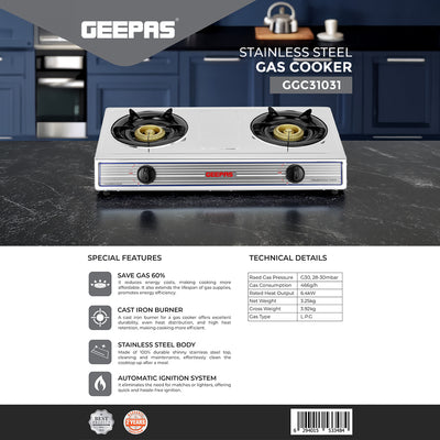 Geepas GGC31031 Stainless Steel Gas Cooker | 2 Powerful Cast Iron Burners with Auto Ignition | Strong & Durable Stainless Steel Body | Easy to Clean |2 Years Warranty