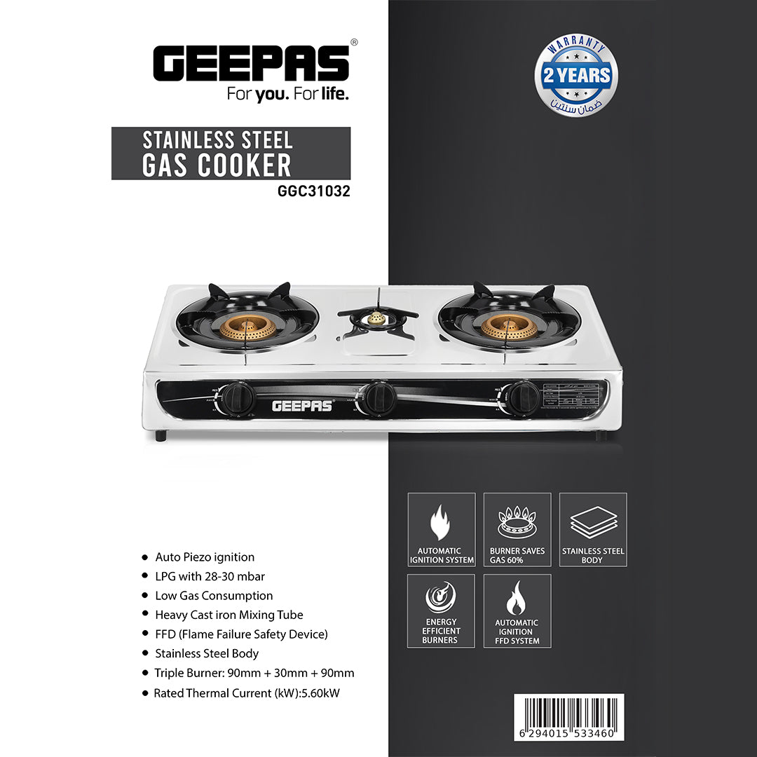 Geepas GGC31032 Stainless Steel Gas Cooker | 2 Burner Stove|  Auto Piezo Ignition | Flame Failure Safety  | Cast Iron Mixing Tube | Low Gas Consumption |Durable Design