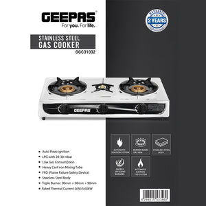 Geepas GGC31032 Stainless Steel Gas Cooker | 2 Burner Stove|  Auto Piezo Ignition | Flame Failure Safety  | Cast Iron Mixing Tube | Low Gas Consumption |Durable Design