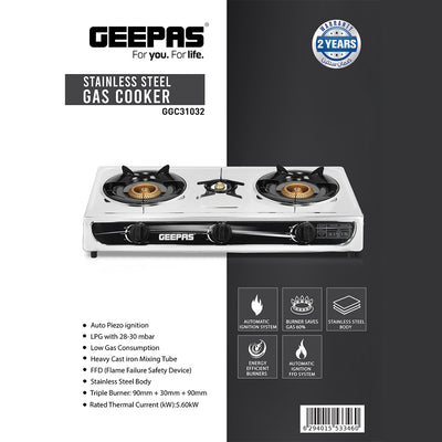 Geepas GGC31032 Stainless Steel Gas Cooker | 2 Burner Stove|  Auto Piezo Ignition | Flame Failure Safety  | Cast Iron Mixing Tube | Low Gas Consumption |Durable Design
