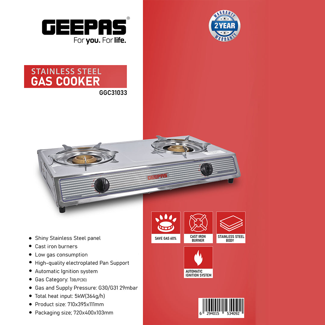 Geepas Stainless Steel Gas Cooker GGC31033 | 2 Burner Gas Stove | Heavy-Duty Cast Iron Burners| Automatic Ignition System| Durable Stainless Steel Body|2 Years Warranty