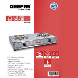Geepas Stainless Steel Gas Cooker GGC31033 | 2 Burner Gas Stove | Heavy-Duty Cast Iron Burners| Automatic Ignition System| Durable Stainless Steel Body|2 Years Warranty