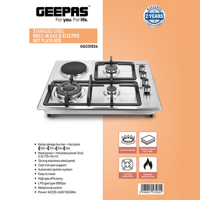 Geepas GGC31034 Built-in Stainless Steel Gas & Electric Hot Plate Hob | 3 Gas Burners + 1 Hot Plate | Italian Design| Heavy Pan Support| High Efficiency| 2 Years Warranty