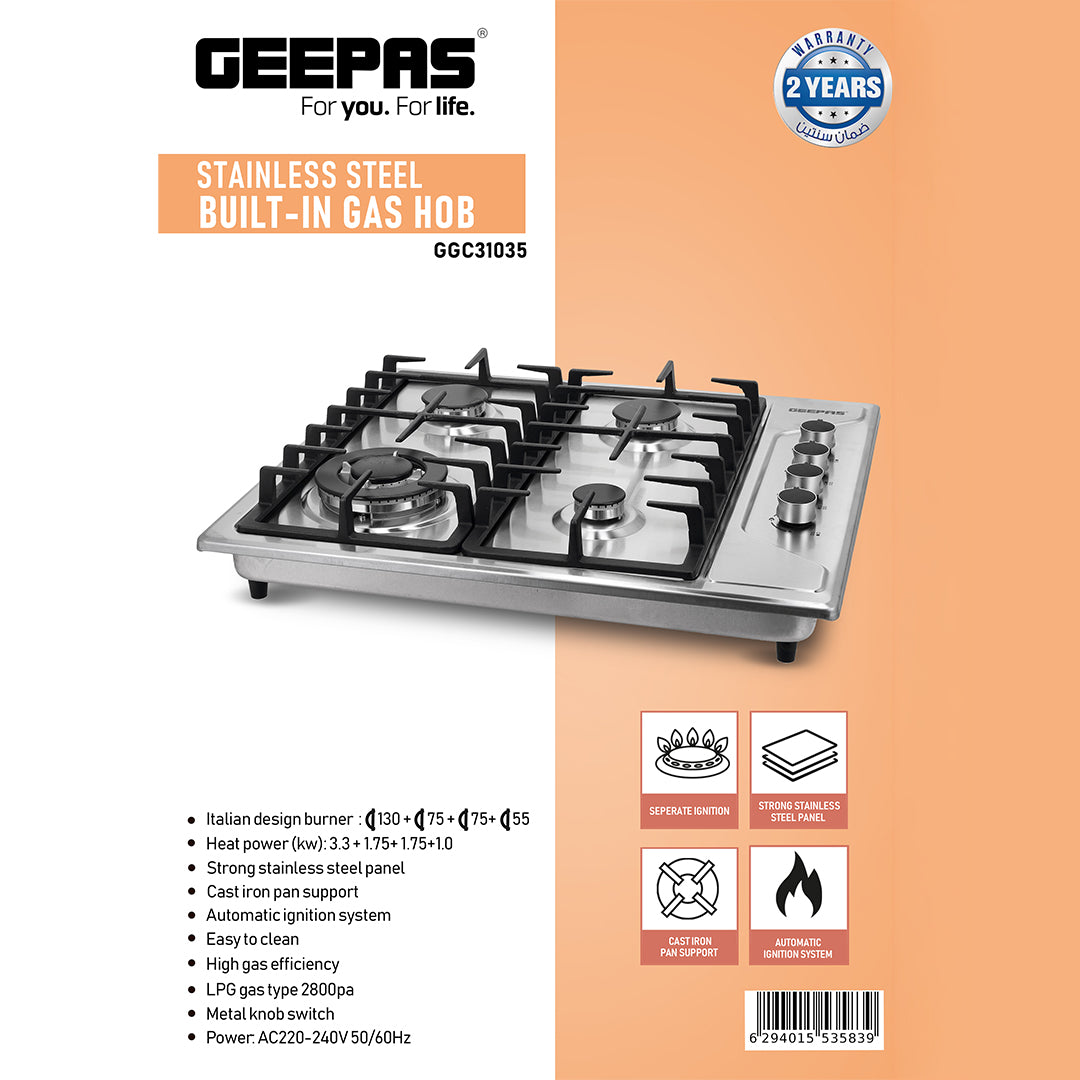 Geepas GGC31035 Stainless Steel Built-In Gas Hob | Italian Design Burners with Auto Ignition | Cast Iron Pan Support | Strong Stainless Steel Body | 2 Years Warranty
