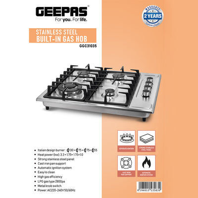 Geepas GGC31035 Stainless Steel Built-In Gas Hob | Italian Design Burners with Auto Ignition | Cast Iron Pan Support | Strong Stainless Steel Body | 2 Years Warranty
