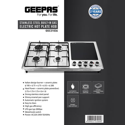 Geepas GGC31036 Built-In Gas & Electric Hot Plate Hob | Stainless Steel Body | 4  Burners + Durable Ceramic Plate| Auto Ignition| Strong Pan Support|  2 Years Warranty