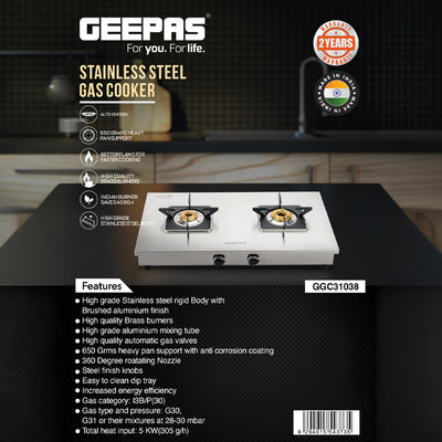 Geepas GGC31038 Stainless Steel Gas Cooker | 2 Burner LPG Stove| Auto-Ignition| Durable Brass Burners| Heavy Duty Pan Support| Safe & Efficient Cooking| 2 Years Warranty