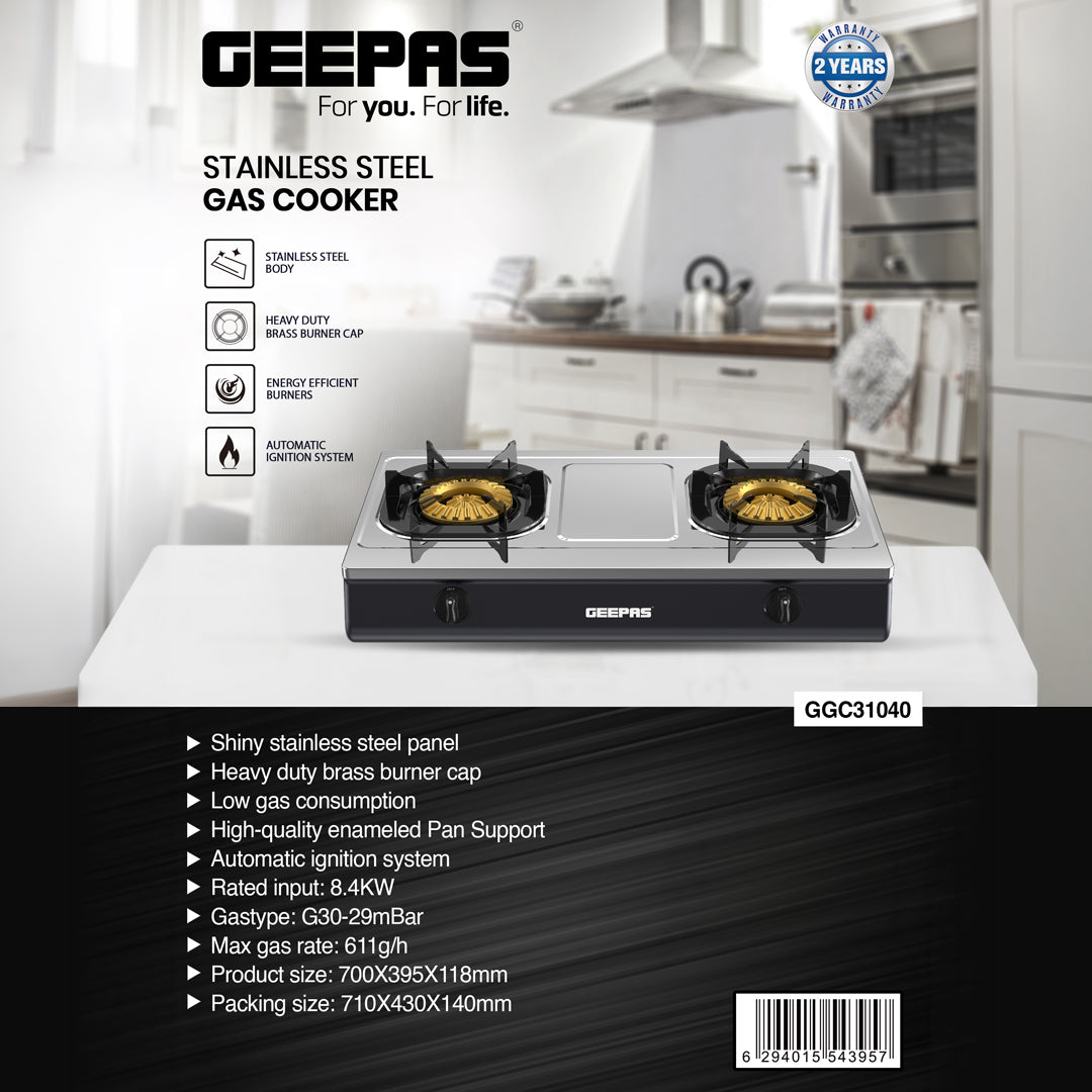 Geepas GGC31040 Stainless Steel Gas Cooker | Heavy Duty Brass Burners | Automatic Ignition System | Low Gas Consumption & Durable Pan Support for Modern Kitchens
