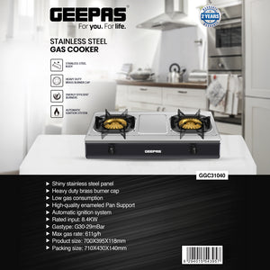 Geepas GGC31040 Stainless Steel Gas Cooker | Heavy Duty Brass Burners | Automatic Ignition System | Low Gas Consumption & Durable Pan Support for Modern Kitchens