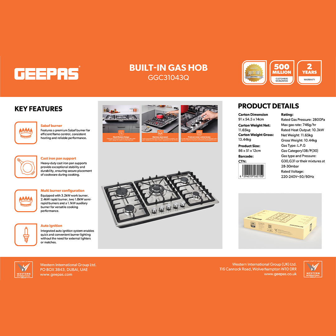 Geepas GGC31043 Built-in Gas Hob | 5 Burner Stainless Steel Hob with Auto Ignition| Flame Safety Device| High Efficiency Burners| Easy Cleaning Design & 2 Years Warranty
