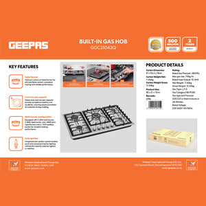 Geepas GGC31043 Built-in Gas Hob | 5 Burner Stainless Steel Hob with Auto Ignition| Flame Safety Device| High Efficiency Burners| Easy Cleaning Design & 2 Years Warranty