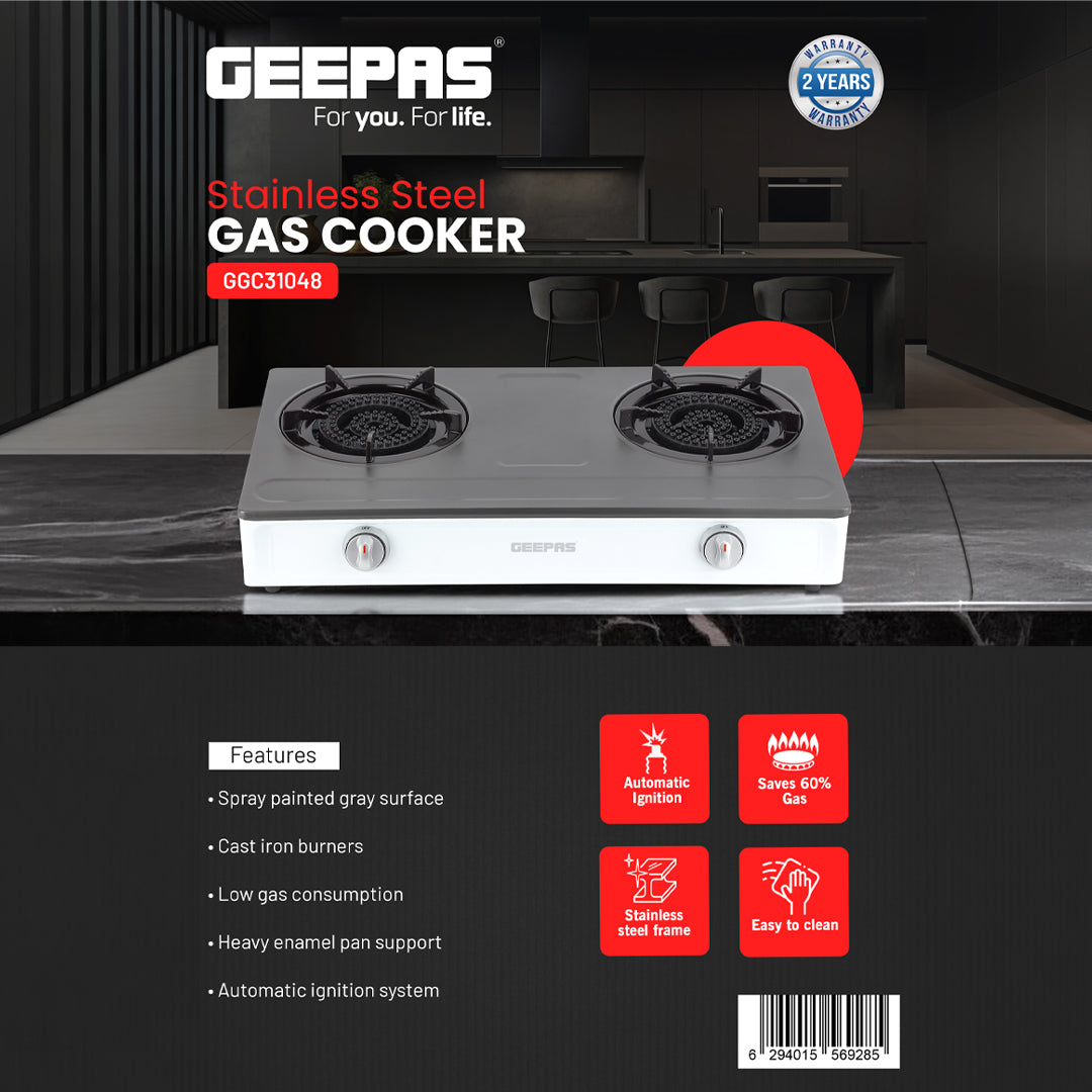 Geepas GGC31048 Stainless Steel Gas Cooker | 2 cast iron burners| auto ignition| low gas use saves 60%| heavy enamel pan support| durable| easy to clean| 2-year warranty