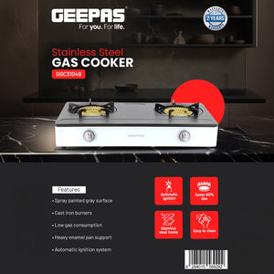 Geepas Stainless Steel Gas Cooker GGC31049 – 2 cast iron burners| low gas use| 60% saving| auto ignition| LPG stovetop| silver & black| durable|  2-year warranty