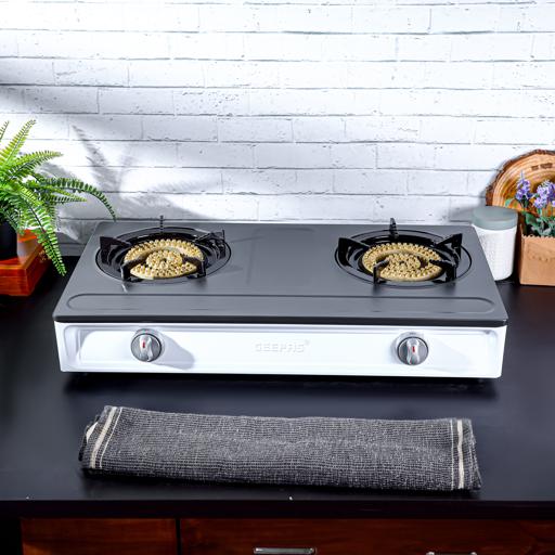 Geepas Stainless Steel Gas Cooker GGC31049 – 2 cast iron burners| low gas use| 60% saving| auto ignition| LPG stovetop| silver & black| durable|  2-year warranty