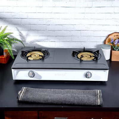 Geepas Stainless Steel Gas Cooker GGC31049 – 2 cast iron burners| low gas use| 60% saving| auto ignition| LPG stovetop| silver & black| durable|  2-year warranty