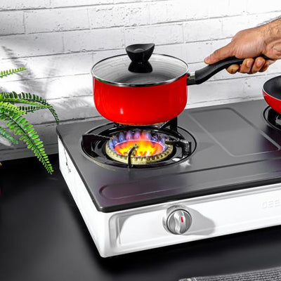 Geepas Stainless Steel Gas Cooker GGC31049 – 2 cast iron burners| low gas use| 60% saving| auto ignition| LPG stovetop| silver & black| durable|  2-year warranty