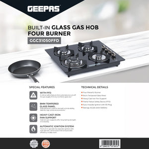 Geepas GGC31050FFD Built-in Glass Gas Hob | 4  Burners | Auto Ignition System | Flame Failure Safety Device (FFD) | Durable Design | Energy Efficient | 2 Years Warranty