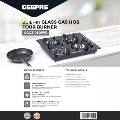 Geepas GGC31050FFD Built-in Glass Gas Hob | 4  Burners | Auto Ignition System | Flame Failure Safety Device (FFD) | Durable Design | Energy Efficient | 2 Years Warranty