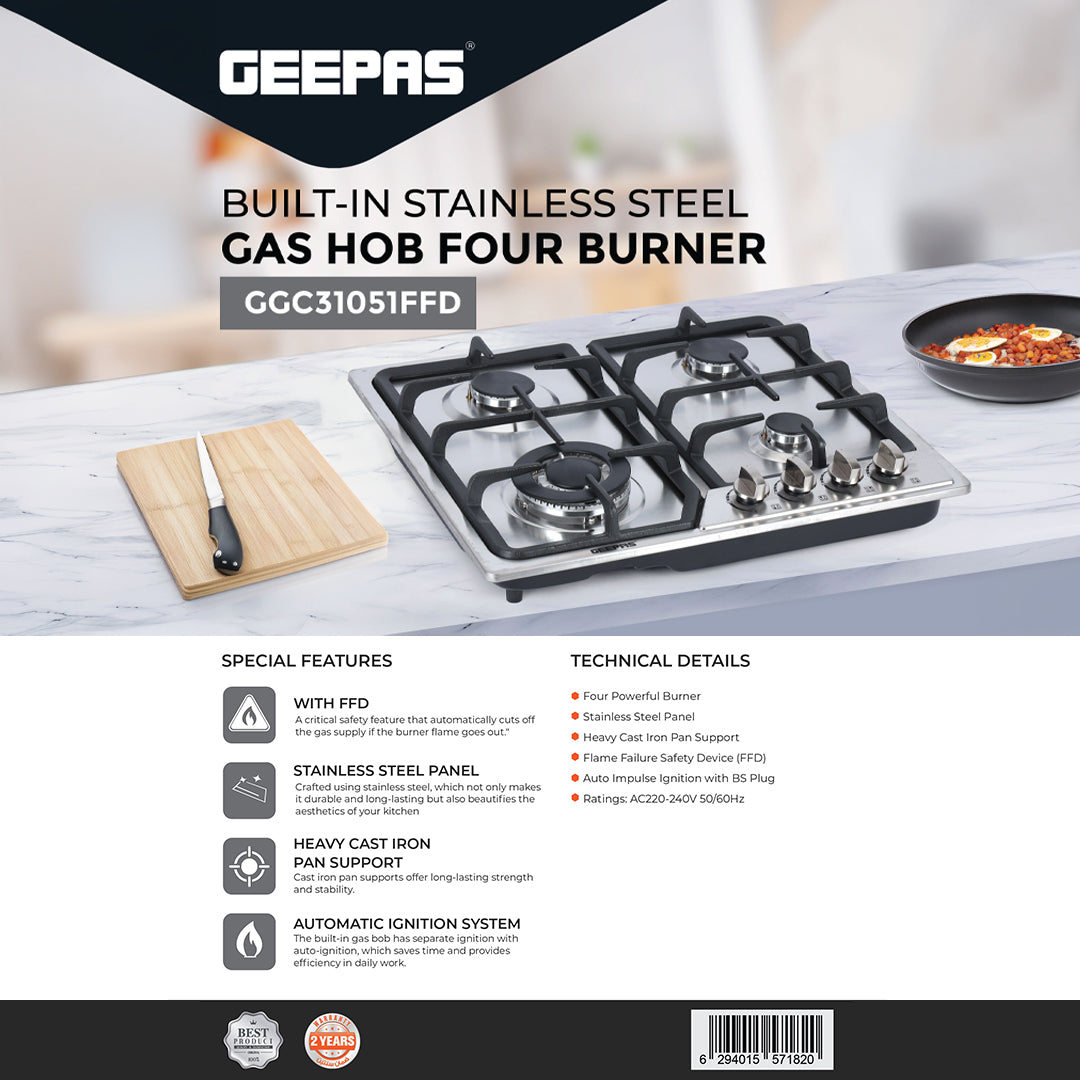 Geepas GGC31051FFD Built-in Stainless Steel Gas Hob | 4 High-Performance Burners | Auto Ignition System | Flame Failure Safety  | Durable Design | 2 Years Warranty