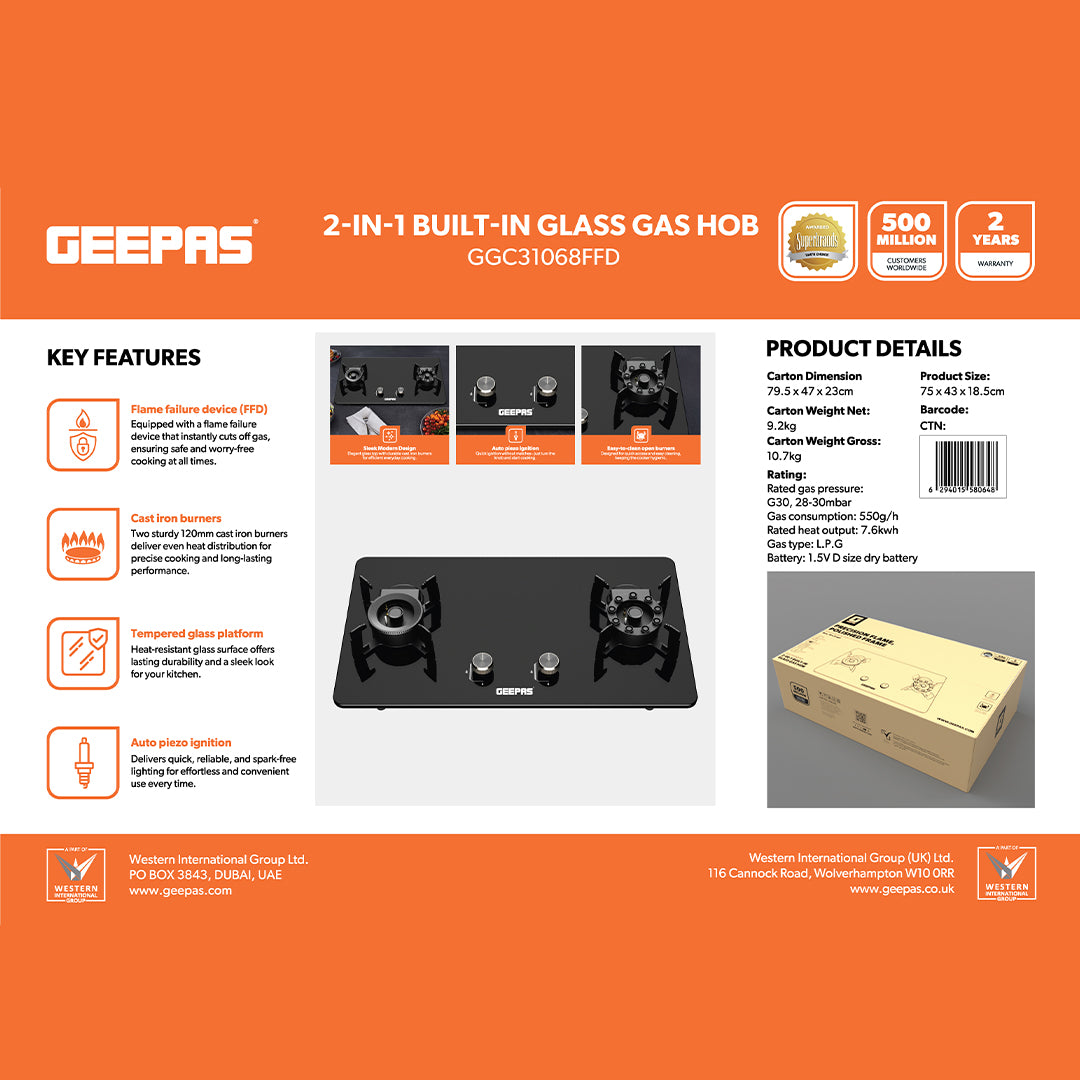 Geepas GGC31068FFD 2-in-1 Built-In Glass Gas Hob with Tempered Glass Platform | Strong Cast Iron Burners | Safety Flame Failure Device and Reliable Auto Piezo Ignition