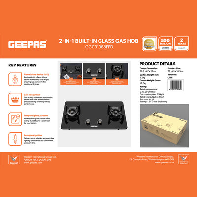 Geepas GGC31068FFD 2-in-1 Built-In Glass Gas Hob with Tempered Glass Platform | Strong Cast Iron Burners | Safety Flame Failure Device and Reliable Auto Piezo Ignition