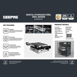 Geepas Digital Stainless Steel Grill Maker GGM36516 | LED Display | 60-Min Timer | Non-Stick Detachable Plates | 180° Flat Grill Opening | Fast Heating | Powerful 2170W
