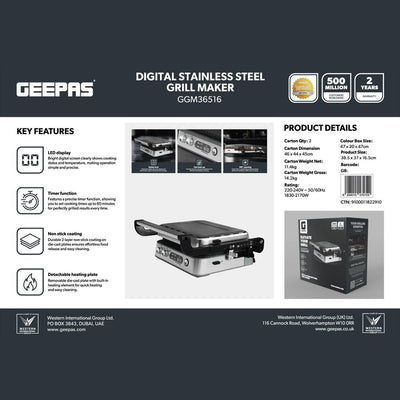 Geepas Digital Stainless Steel Grill Maker GGM36516 | LED Display | 60-Min Timer | Non-Stick Detachable Plates | 180° Flat Grill Opening | Fast Heating | Powerful 2170W