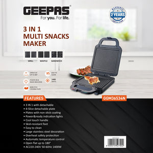 Geepas GGM36534 3-in-1 Multi Snacks Maker | 1400W | Grill, Waffle & Sandwich Maker | 180° flat opening |  4-slice sandwich capacity  | Automatic temperature control