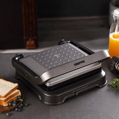 Geepas GGM36539 Grill Maker | 2000W | Stainless Steel Electric Grill with Adjustable Temperature Control| Non-Stick Plates| Drip Tray| Quick Heating| 2 Years Warranty