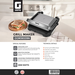 Geepas GGM36539 Grill Maker | 2000W | Stainless Steel Electric Grill with Adjustable Temperature Control| Non-Stick Plates| Drip Tray| Quick Heating| 2 Years Warranty