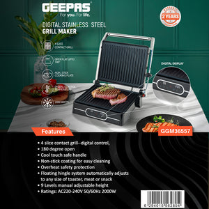 Geepas 2000 W 4-Slice Grill Maker- GGM36557/Non-Stick Plates for Easy Release /Digital Control Temperature with 9 Levels Manual Adjustable Height/Black, 2 Years Warranty