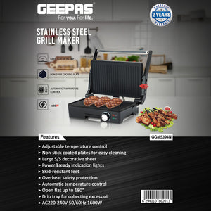 Geepas GGM5394 Stainless Steel Grill Maker | 1600W Powerful Grill with Adjustable Temperature Control | Non-Stick Plates| Easy to Clean| Durable Build| 2 Years Warranty