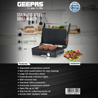 Geepas GGM5394 Stainless Steel Grill Maker | 1600W Powerful Grill with Adjustable Temperature Control | Non-Stick Plates| Easy to Clean| Durable Build| 2 Years Warranty